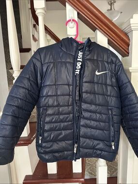 Nike Blue Fleece-Lined Jacket with White Swoosh and Pink Trim